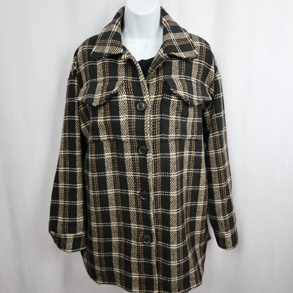 Anthropologie Sage The Label Plaid Shacket - Neutral Brown - Size Medium - Picture 2 of 11